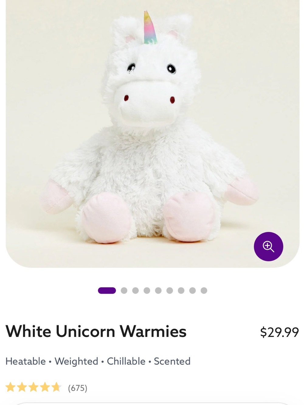 White unicorn Warmie New With Tags sensory soothing